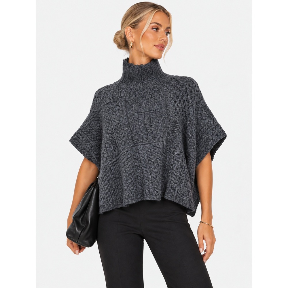 Carraig Donn Ireland 100% Merino Wool Cable Knit Turtleneck Poncho Gray One Size